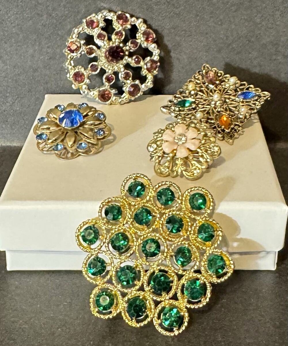 Vintage Costume Jewelry Lot of 5 Rhinestone Brooch Pin Mixed Gold Silver Multi
